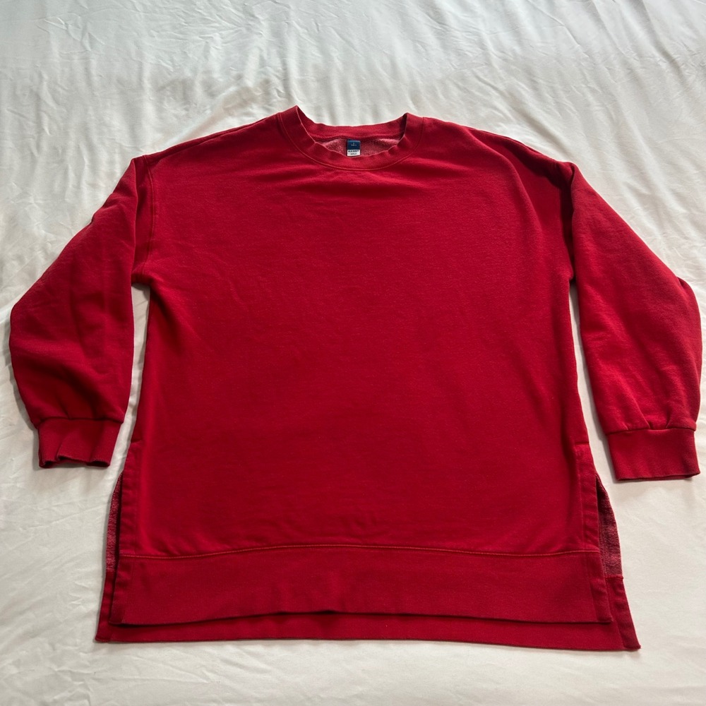Old Navy Mens Large Tall Red Fleece Crewneck Sweatshirt Pullover Side Slits